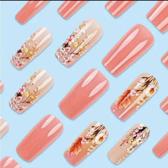 NEW 3D Floral Print Peachy Pink Coral Square Shape Nails - Picture 2 of 4